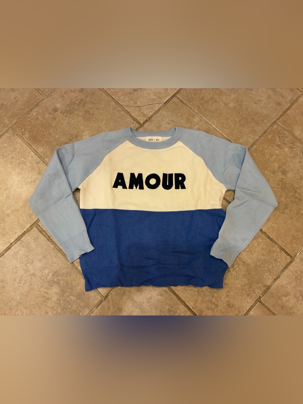 'Amour' Colorblock Crewneck Sweater - Light Blue/Cream/Royal Blue